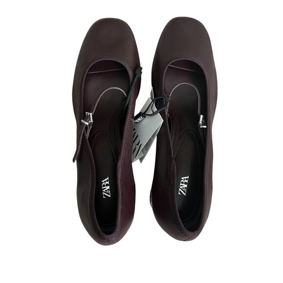 Zara Leather Burgundy Red Pumps Mary Jane Style Size 9 Block Heel, Buckled Strap - Picture 2 of 9